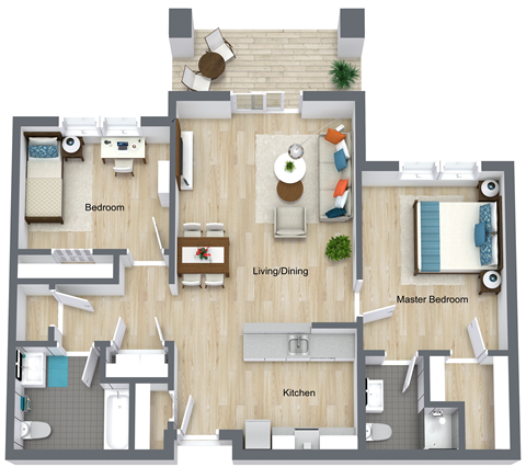 Floor plan for 2 beds, 2 baths, 1004 sqft